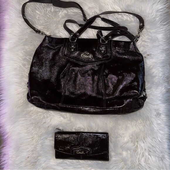 COACH Ashley chocolate patten leather bag, and matching wallet EUC - Picture 1 of 9